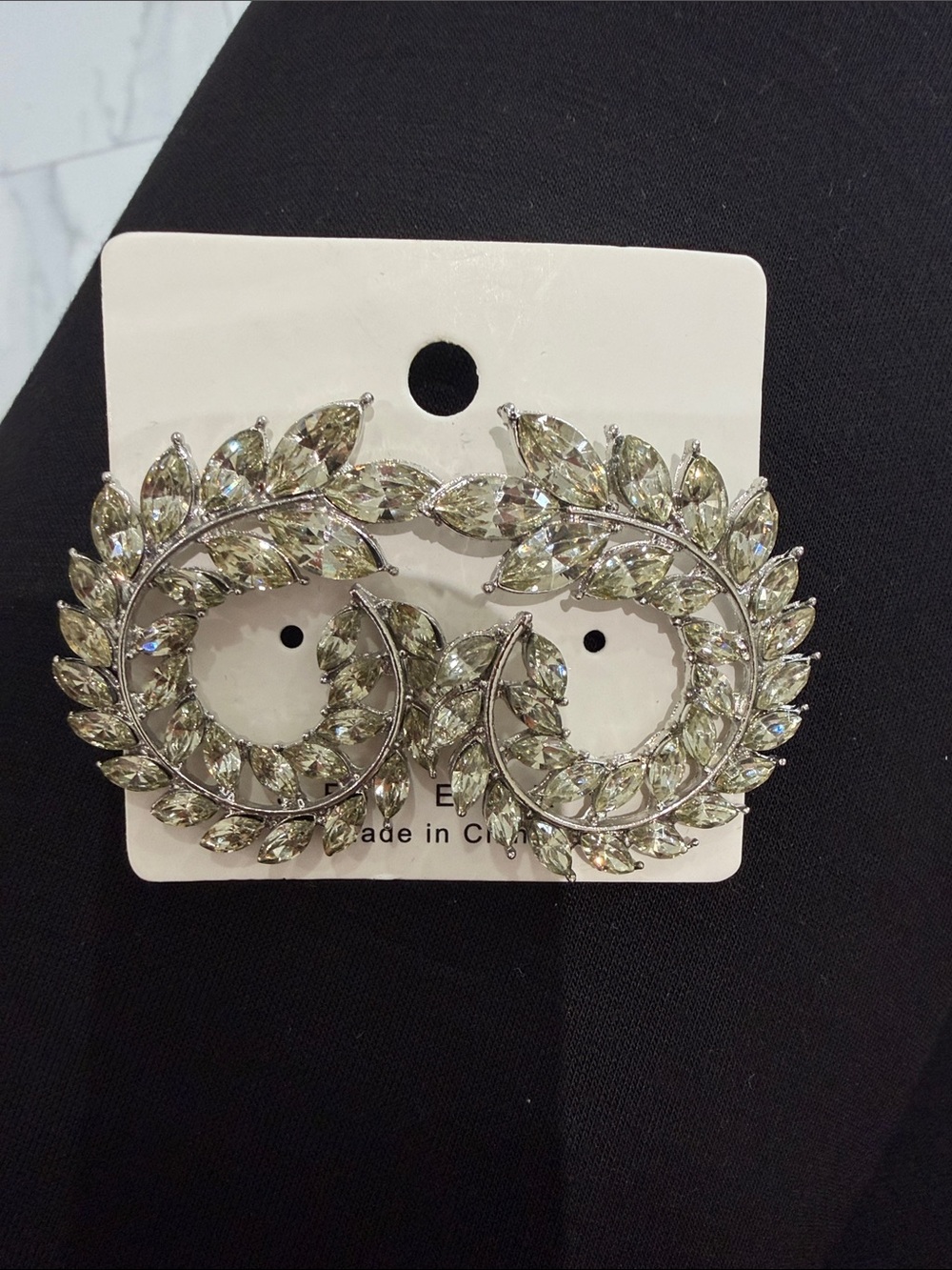 Crystal Leaf Hoop Earrings - Silver Tone